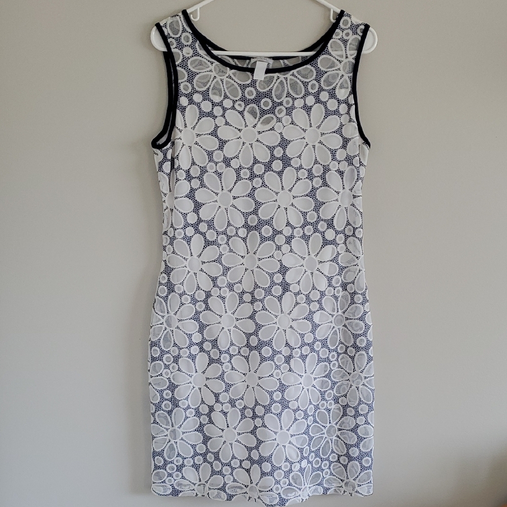 Vintage DONNA Navy White Floral Lace Mini Fitted Y2K 90's Retro Cute Dress Sz L
